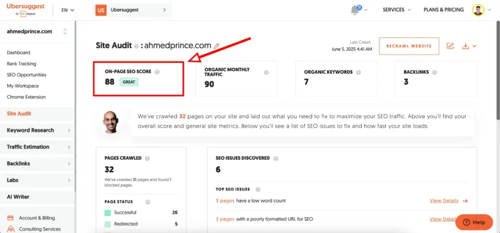 ubersuggest dashboard